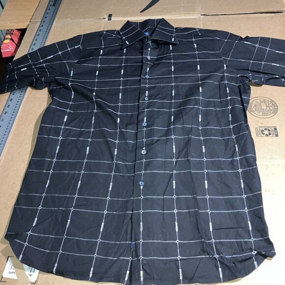 Ike Behar Button Down, Black Silver Gray Windowpane Plaid Shirt, Casual Large - Picture 1 of 11